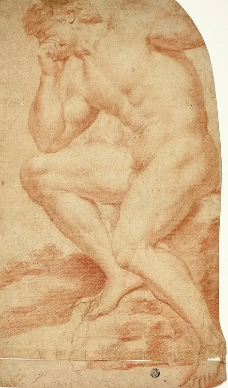 Seated Academic Male Nude In Profile To Left Wall Art by Andrea Camassei - High-Resolution Digital Print