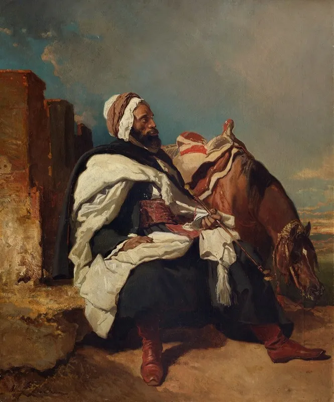 Seated Arab Man With Horse Wall Art by Alfred De Dreux - High-Resolution Digital Print