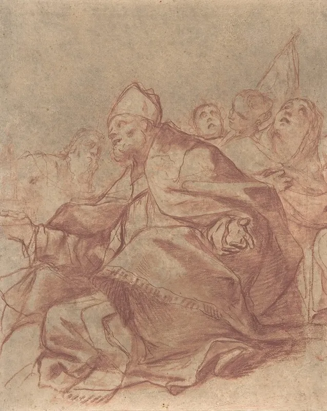 Seated Bishop With Arms Extended And Three Attendant Figures Wall Art by Mattia Preti - High-Resolution Digital Print