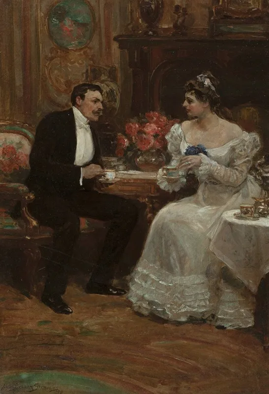Seated Couple Having Tea Wall Art by Alice Barber Stephens - High-Resolution Digital Print