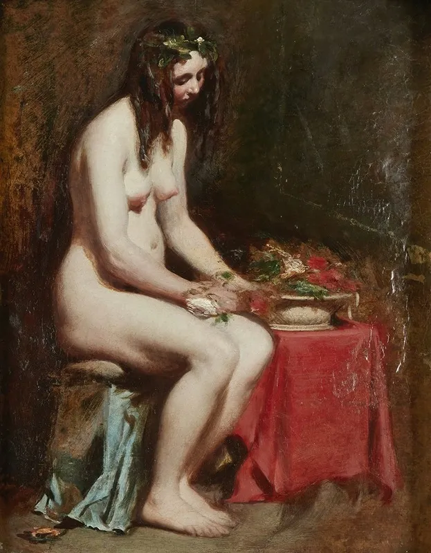 Seated Female Nude With Flowers In Her Hair And A Still Life By Her Side Wall Art by William Etty - High-Resolution Digital Print