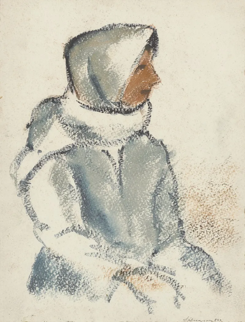Seated Girl In A White Scarf In Profile