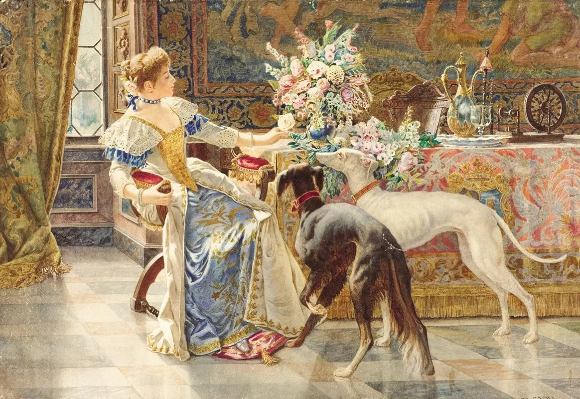 Seated Lady With Greyhounds Wall Art by Belisario Gioja - High-Resolution Digital Print