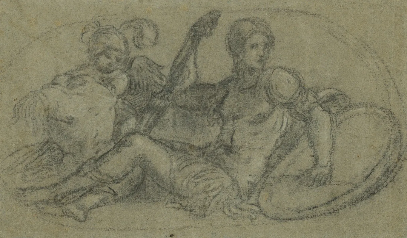 Seated Male Figure With Putto And Armor Wall Art by Paris Bordone - High-Resolution Digital Print