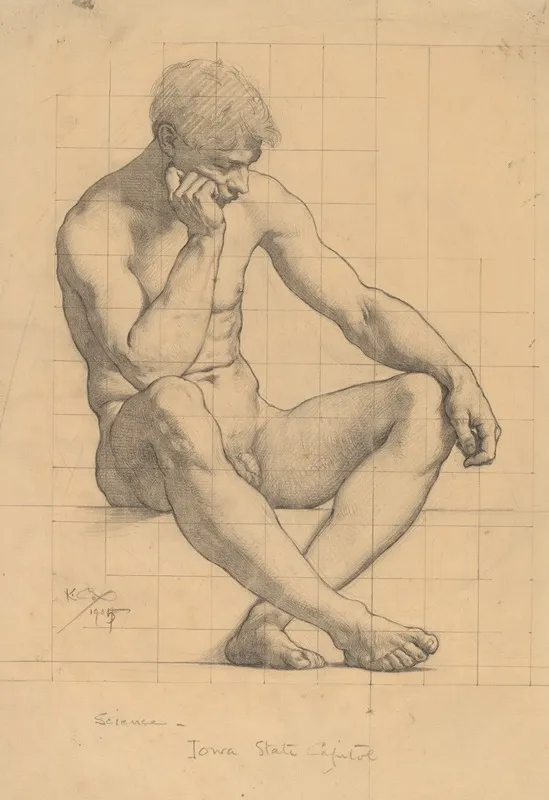 Seated Male Nude Study For Science Iowa State Capitol Wall Art by Kenyon Cox - High-Resolution Digital Print