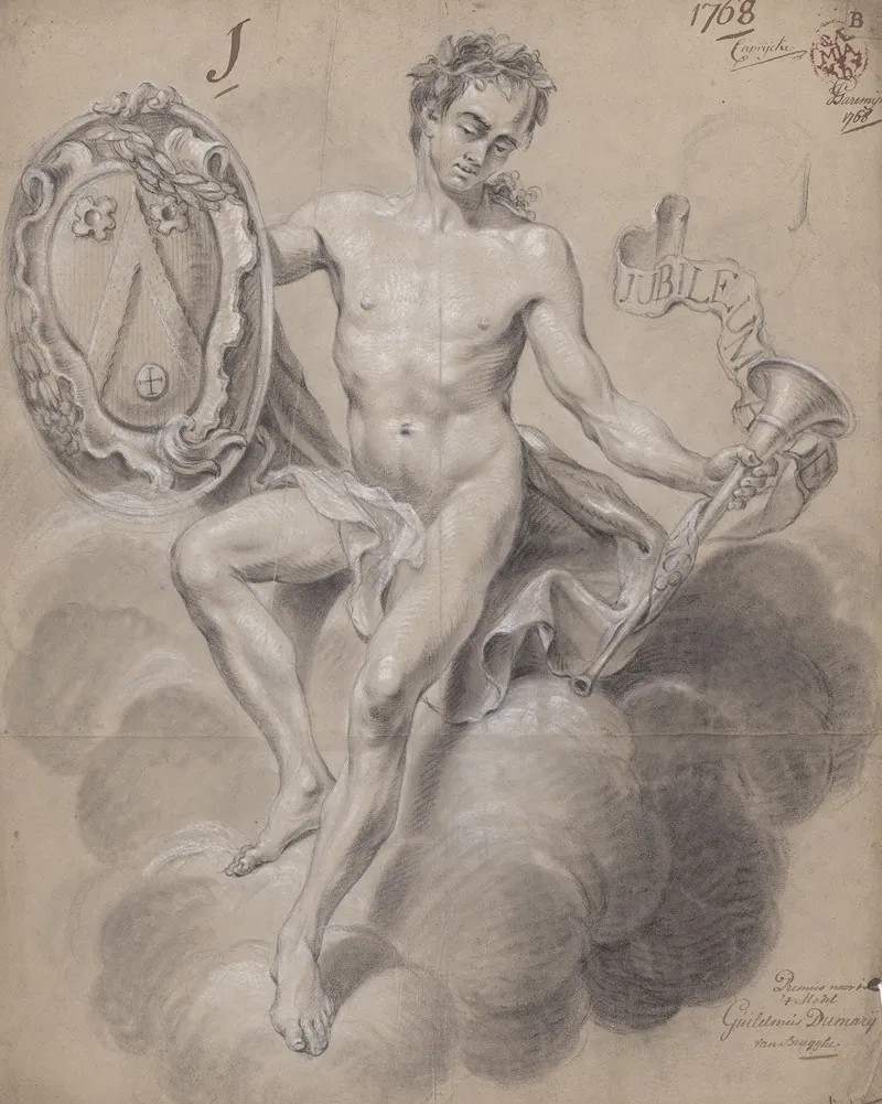 Seated Male Nude With Coat Of Arms And Trumpet Wall Art by Guillielmus Dumery - High-Resolution Digital Print