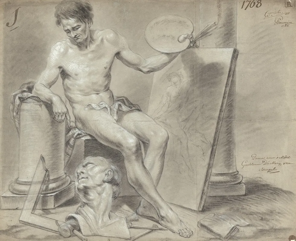 Seated Male Nude With Painters Attributes Wall Art by Guillielmus Dumery - High-Resolution Digital Print