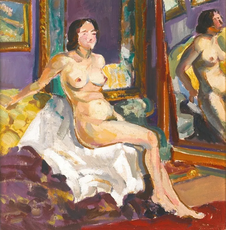 Seated Nude By A Mirror Wall Art by Sergei Ivanovich Lobanov - High-Resolution Digital Print