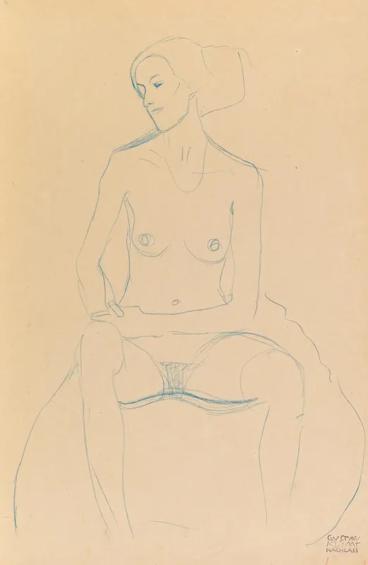 Seated Nude Girl From The Front With Tackled Legs Wall Art by Gustav Klimt - High-Resolution Digital Print