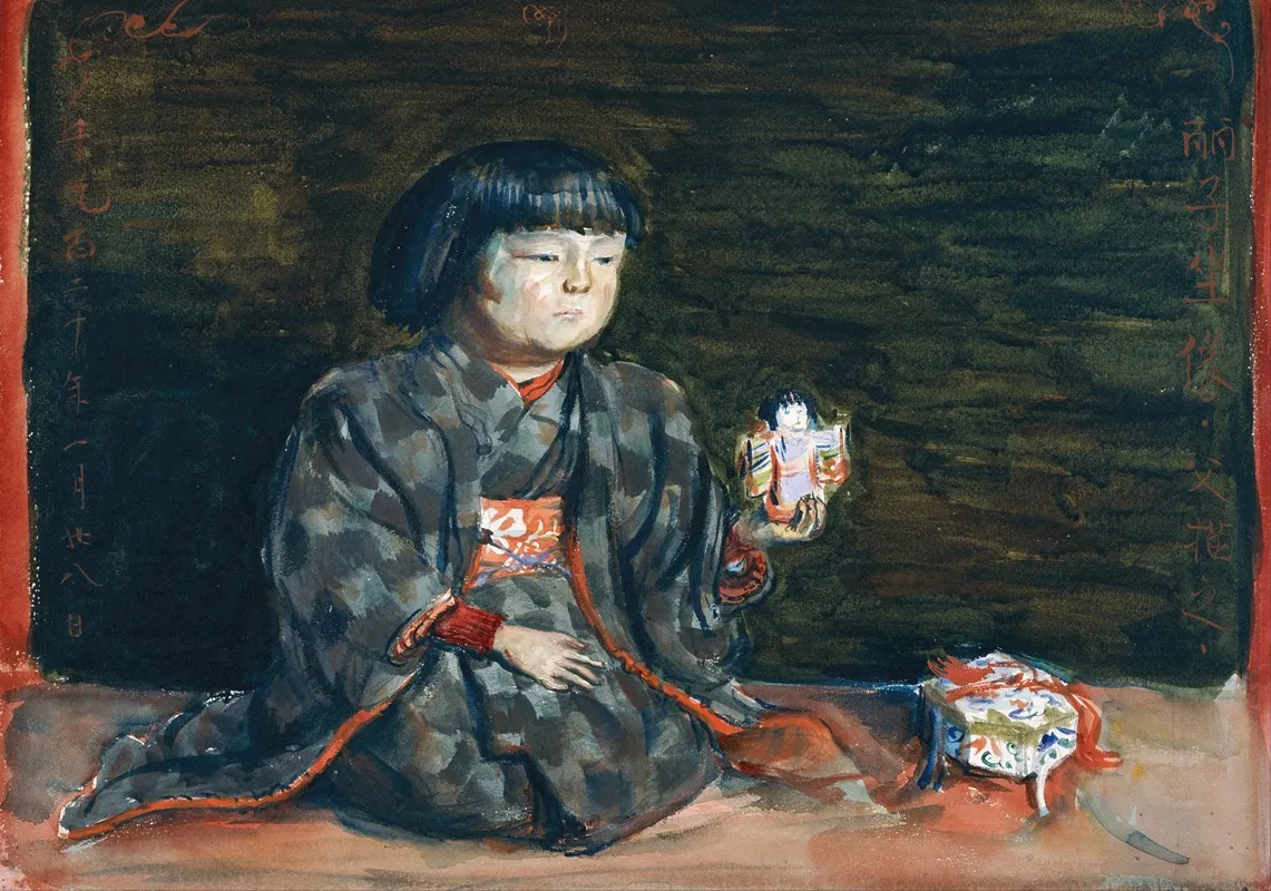 Seated Portrait Of Reiko With A Doll Wall Art by Kishida Ryusei - High-Resolution Digital Print