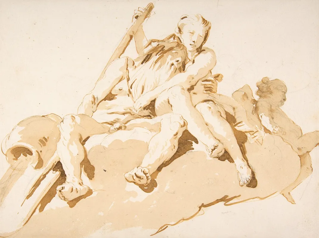 Seated River God Nymph With An Oar And Putto Wall Art by Giovanni Battista Tiepolo - High-Resolution Digital Print