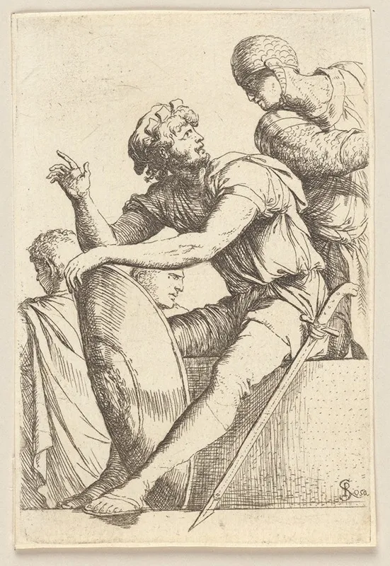 Seated Soldier With Shield And Two Other Figures Wall Art by Salvator Rosa - High-Resolution Digital Print