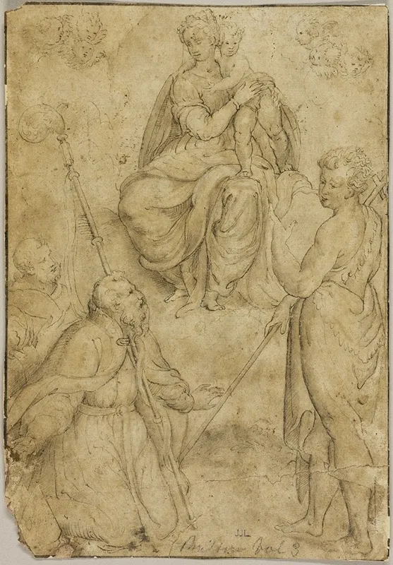 Seated Virgin And Child With Bishop Saint And Monastic Saint And Saint John The Baptist Wall Art by After Bernardino Campi - High-Resolution Digital Print