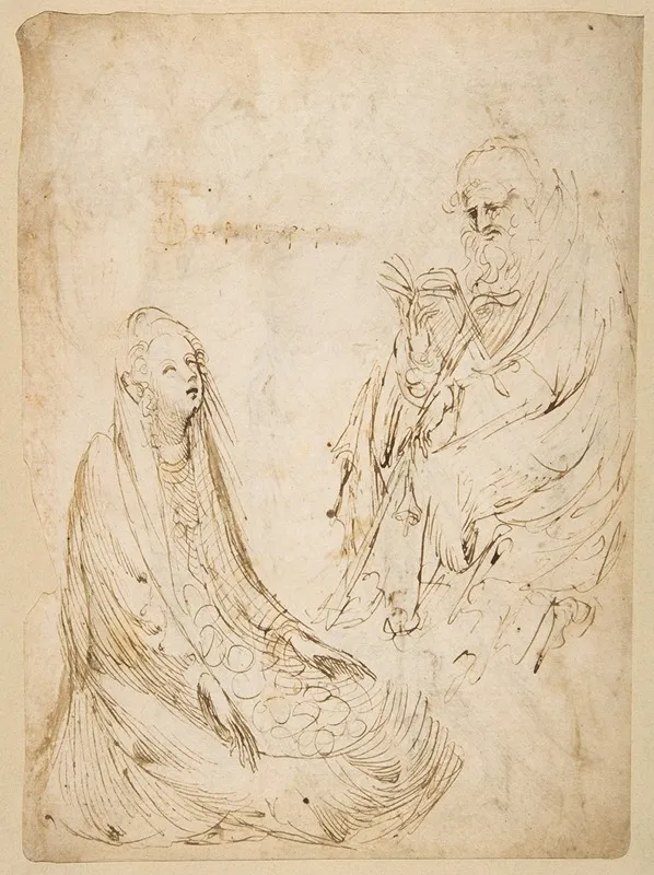 Seated Woman And A Male Hermit In Half Length