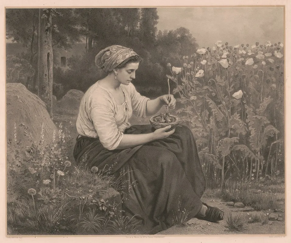 Seated Woman Feeding Young Birds In A Nest Wall Art by Emile Lassalle - High-Resolution Digital Print