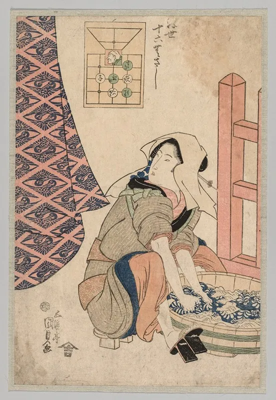Seated Woman Washing Clothes In A Wooden Tub Wall Art by Utagawa Kunisada (Toyokuni III) - High-Resolution Digital Print