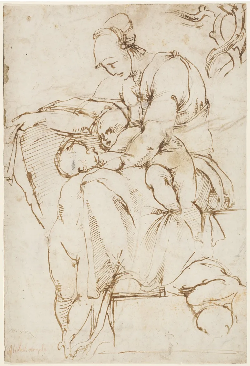 Seated Woman With Children Caritas Branches At Top Right Wall Art by Rosso Fiorentino - High-Resolution Digital Print