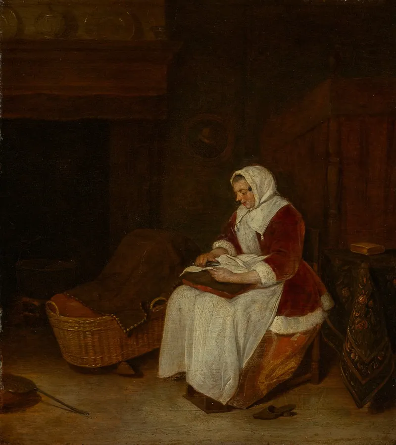 Seated Woman With Velvet Jacket Sewing Wall Art by Quirijn Van Brekelenkam - High-Resolution Digital Print