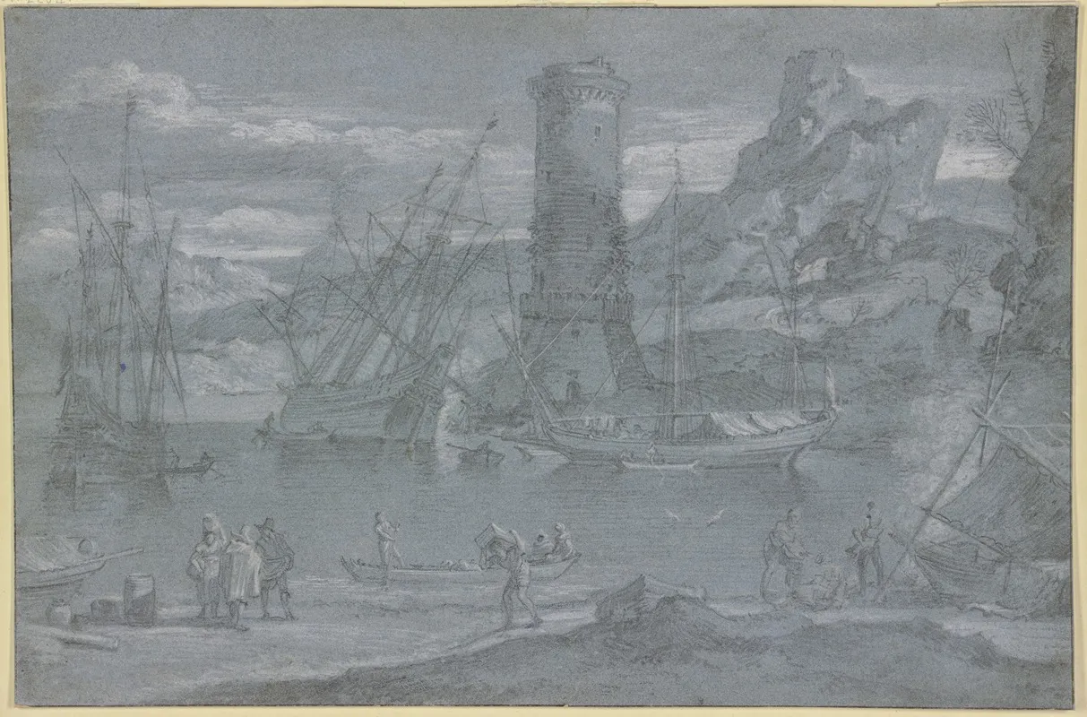 Seehafen Bei Dem Leuchtturm Liegt Ein Schiff Auf Der Seite Um Repariert Zu Werden Wall Art by Abraham Willaerts - High-Resolution Digital Print