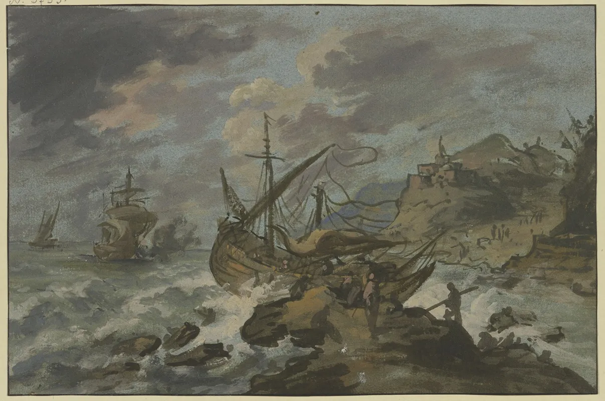 Seesturm An Felsiger Kuste Vorne Ein Gestrandetes Schiff Wall Art by Adriaen van der Cabel - High-Resolution Digital Print