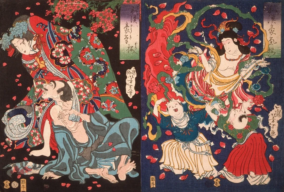Seigen And Sakurahime Angel With Two Children Wall Art by Tsukioka Yoshitoshi - High-Resolution Digital Print