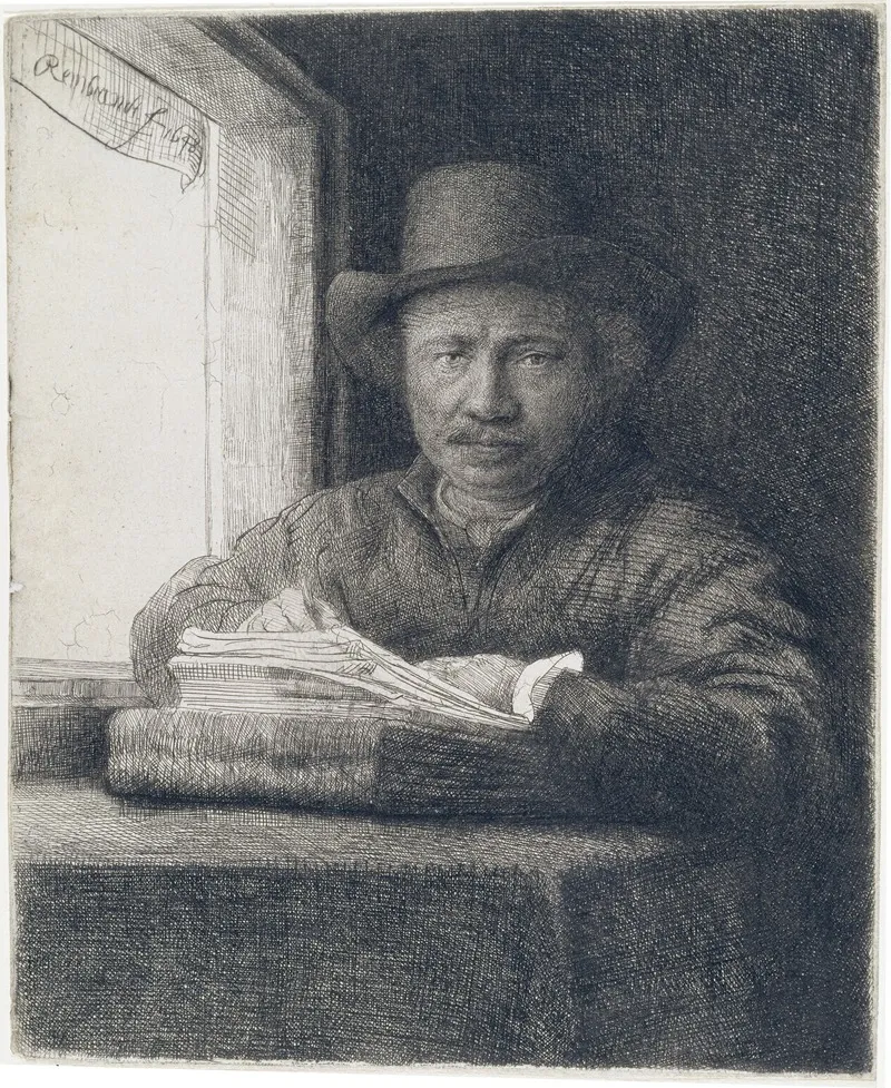 Self Portrait Etching At A Window Wall Art by Rembrandt van Rijn - High-Resolution Digital Print