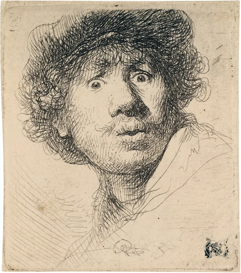 Self Portrait In A Cap Wide Eyed And Open Mouthed 2 Wall Art by Rembrandt van Rijn - High-Resolution Digital Print