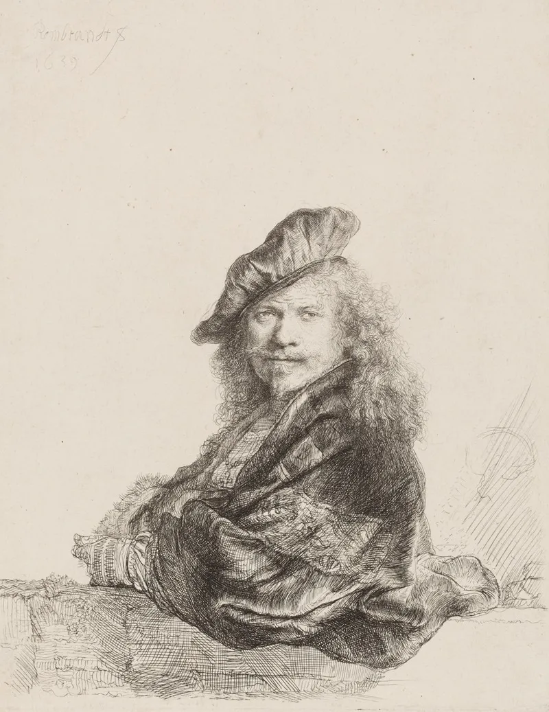 Self Portrait Leaning On A Stone Sill Wall Art by Rembrandt van Rijn - High-Resolution Digital Print
