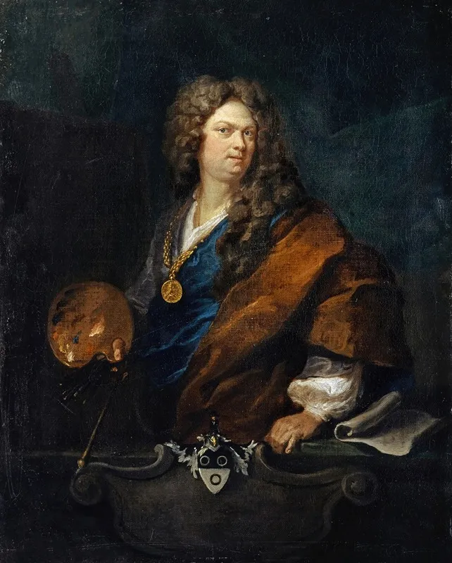 Self Portrait With Family Coat Of Arms Wall Art by Johann Rudolf Huber the elder - High-Resolution Digital Print