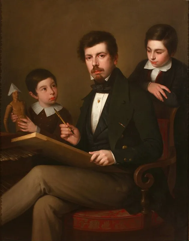 Self Portrait With His Sons Carlos And Vicente Wall Art by Antonio María Esquivel - High-Resolution Digital Print
