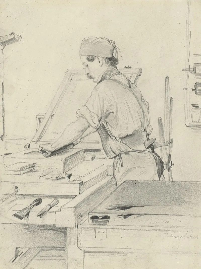 Self Portrait Working At A Lithographic Press Wall Art by Julius Adam the elder - High-Resolution Digital Print