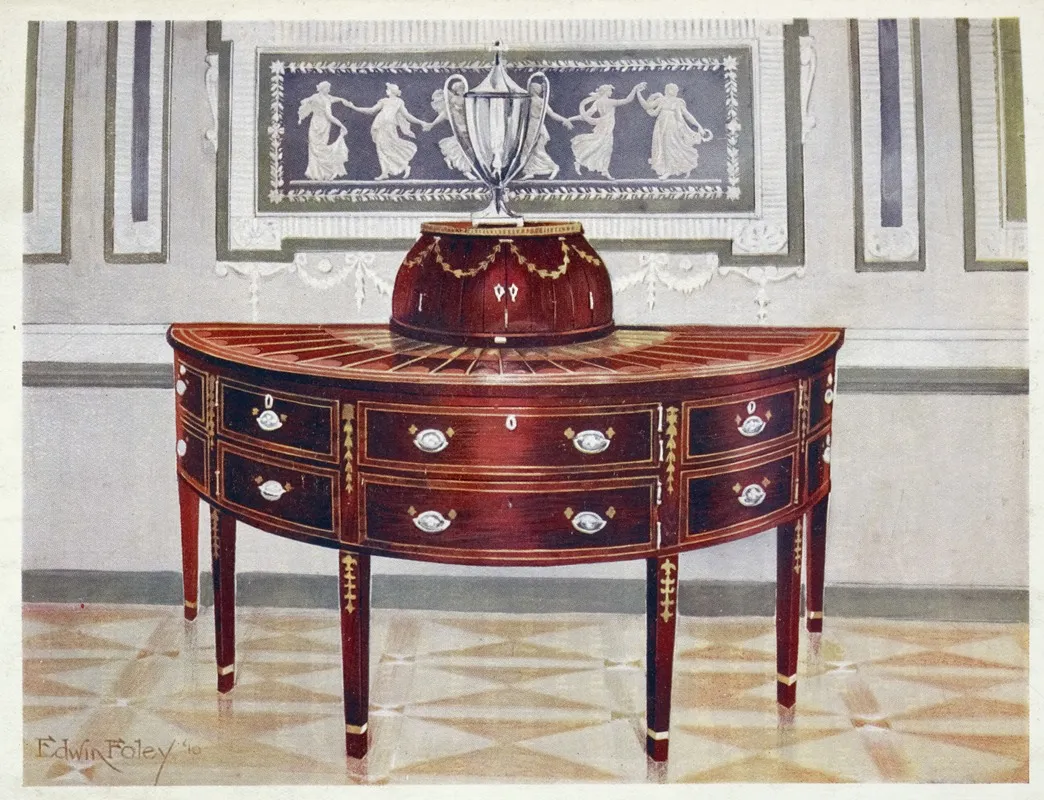 Semi Circular Mahogany Sideboard And Knife Box Inlaid And Banded With Satinwood Mahogany And Ebony Wall Art by Edwin Foley - High-Resolution Digital Print