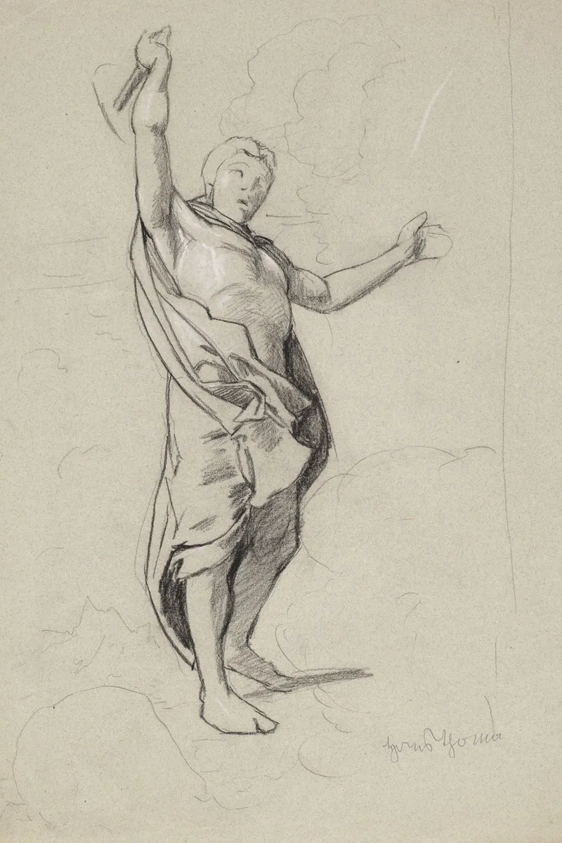 Semi Nude Man Wrapped In A Coat Standing Among The Clouds With A Hammer In His Right Hand Wall Art by Hans Thoma - High-Resolution Digital Print