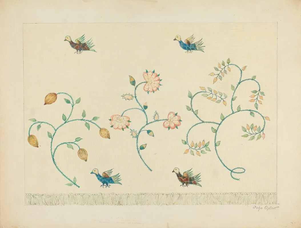 Set Of Crewel Embroidered Bed Curtains Wall Art by John Oster - High-Resolution Digital Print