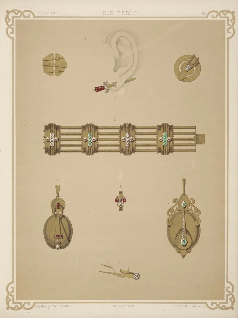 Seven Designs For Jewelry Including Earring In Shape Of Gold Sword With Ruby Hilt