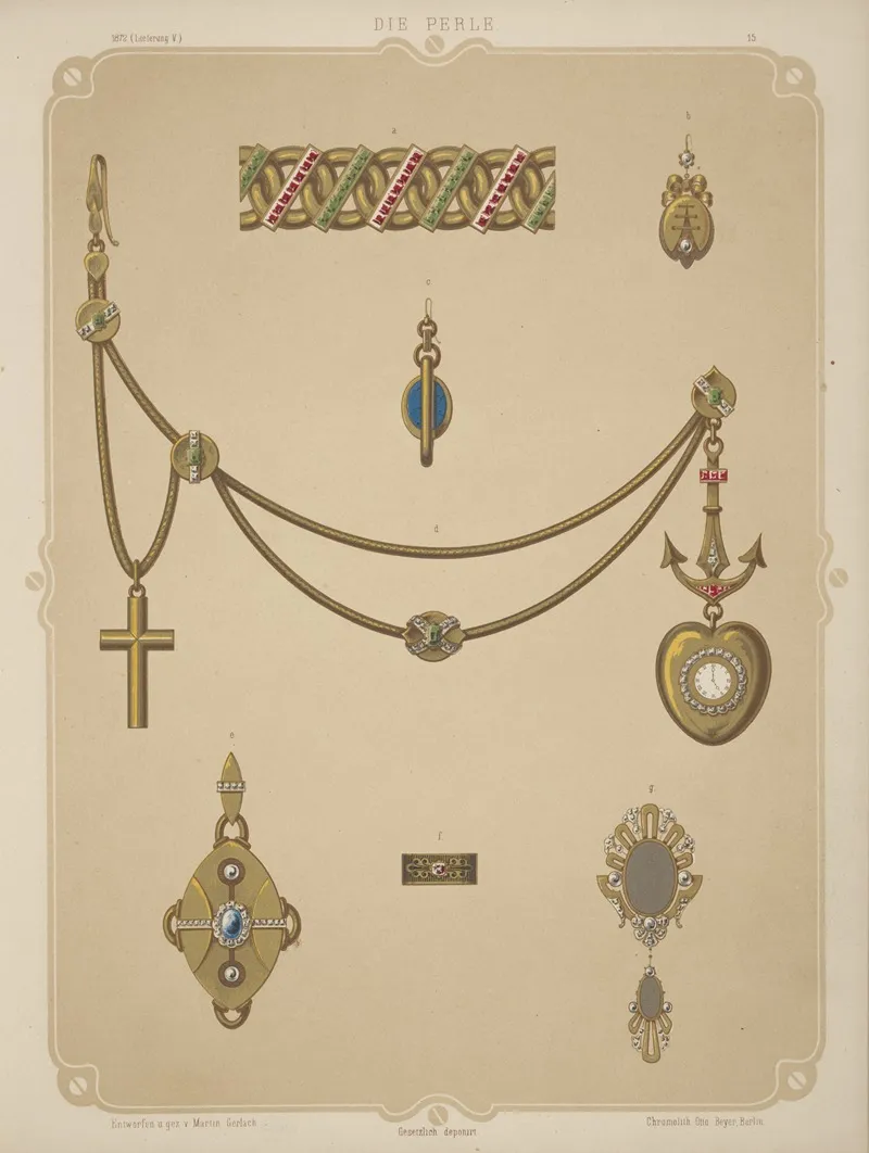 Seven Designs For Jewelry Including Heart Shaped Pendant Watch On Gold Anchor With Gold Chain And Cross