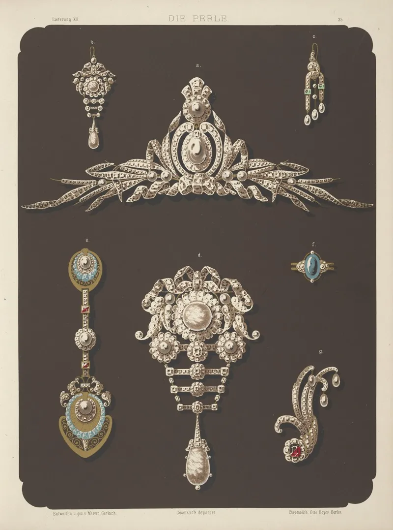 Seven Designs For Jewelry Including Large Pearl And Diamond Brooch