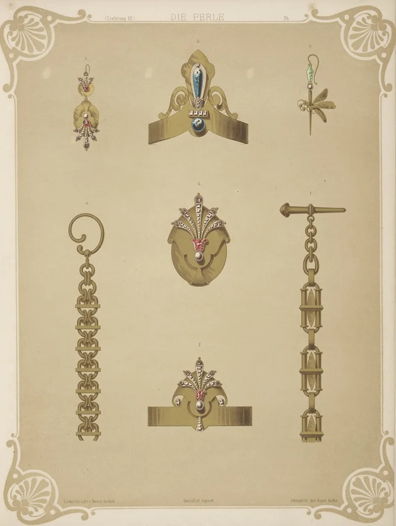 Seven Designs For Jewelry Including Pointed Gold Armband With Blue Stones