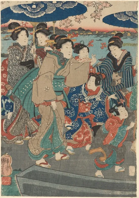 Seven Female Figures Two Umbrellas River In Background