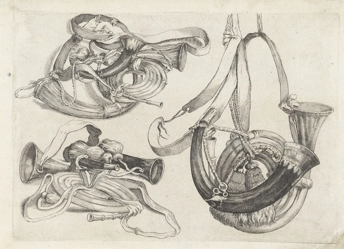 Seven Hunting Horns Of Various Shapes With Cords And Straps Attached
