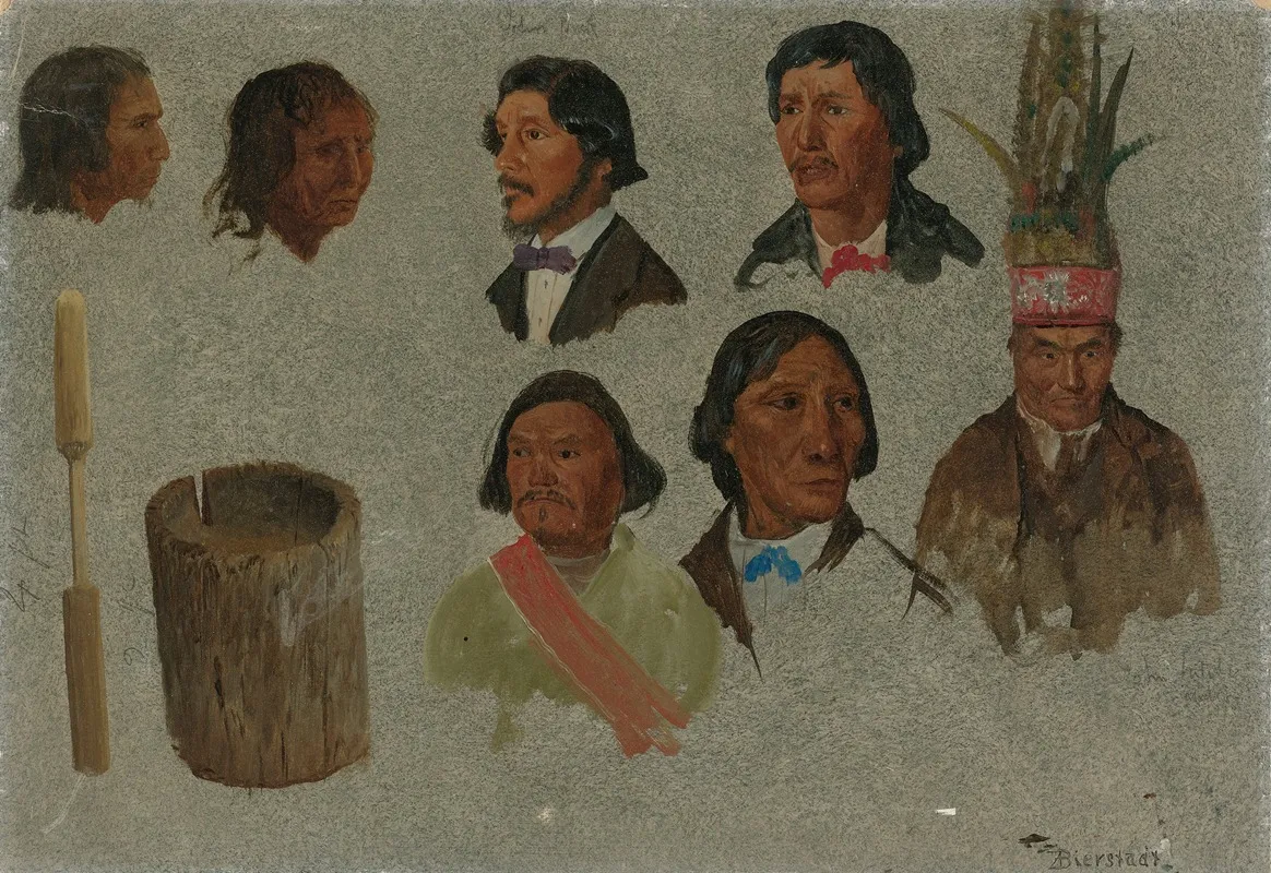 Seven Indian Portraits And One Primitive Utensil Wall Art by Albert Bierstadt - High-Resolution Digital Print