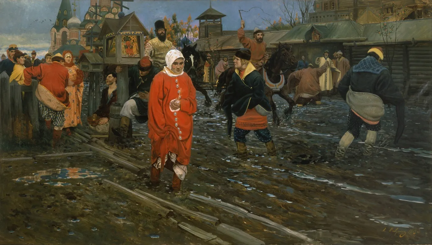 Seventeenth Century Moscow Street On A Public Holiday Wall Art by Andrei Ryabushkin - High-Resolution Digital Print