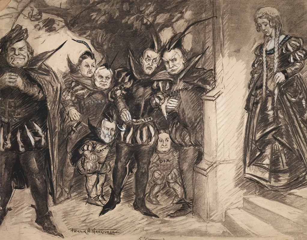 Several Men Dressed As Villains With Rapiers Waiting For Innocent Miss Democracy As She Comes Down The Stairs