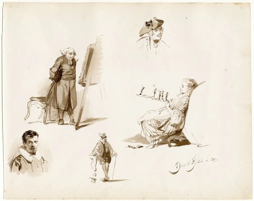 Several Separate Scenes Man Looking At An Easel Girl With Board Game