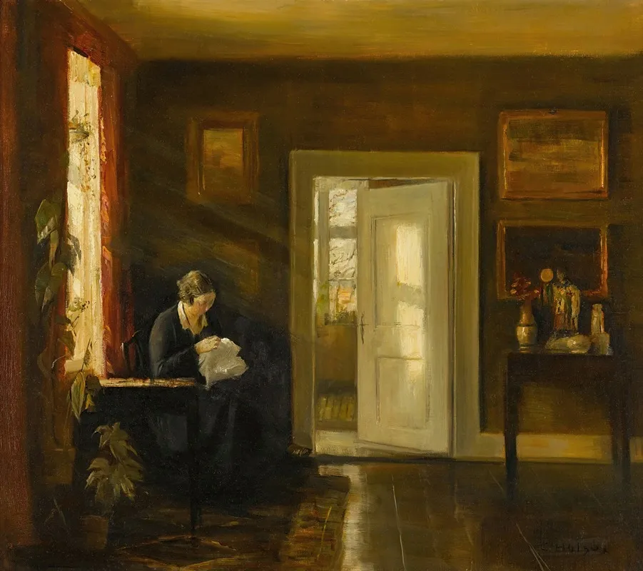 Sewing By The Window Wall Art by Carl Holsøe - High-Resolution Digital Print