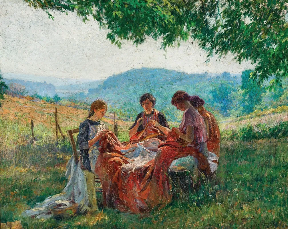 Sewing Lessons In The Garden Wall Art by Eugène Béringuier - High-Resolution Digital Print