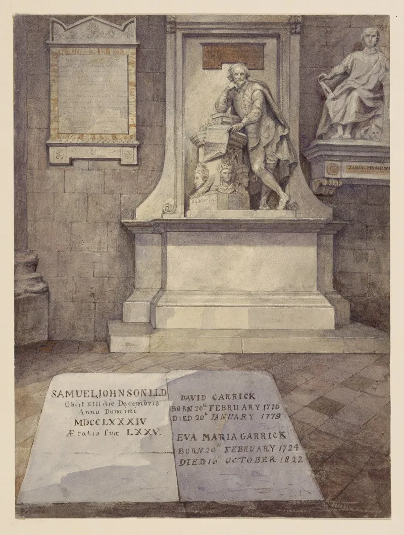Shakespeares Statue Overlooking The Grave Markers Of Samuel Johnson David Garrick And Eva Maria Garrick Wall Art by James Robert Thompson - High-Resolution Digital Print