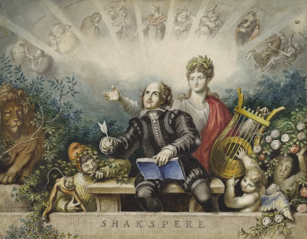 Shakespere Portrait Surrounded By A Muse Clown Lion Cupids And Various Characters From His Plays Wall Art by Johann Heinrich Ramberg - High-Resolution Digital Print