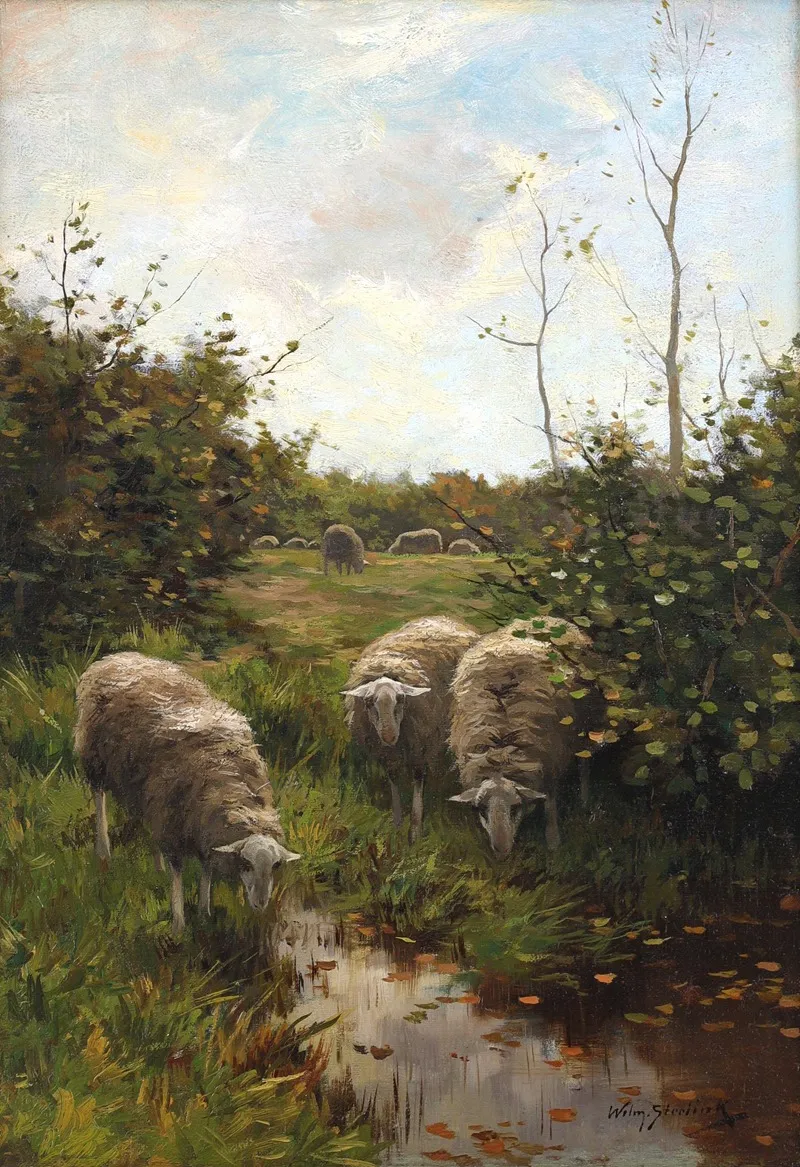 Sheep At A Pond Wall Art by Willem Steelink Jr. - High-Resolution Digital Print