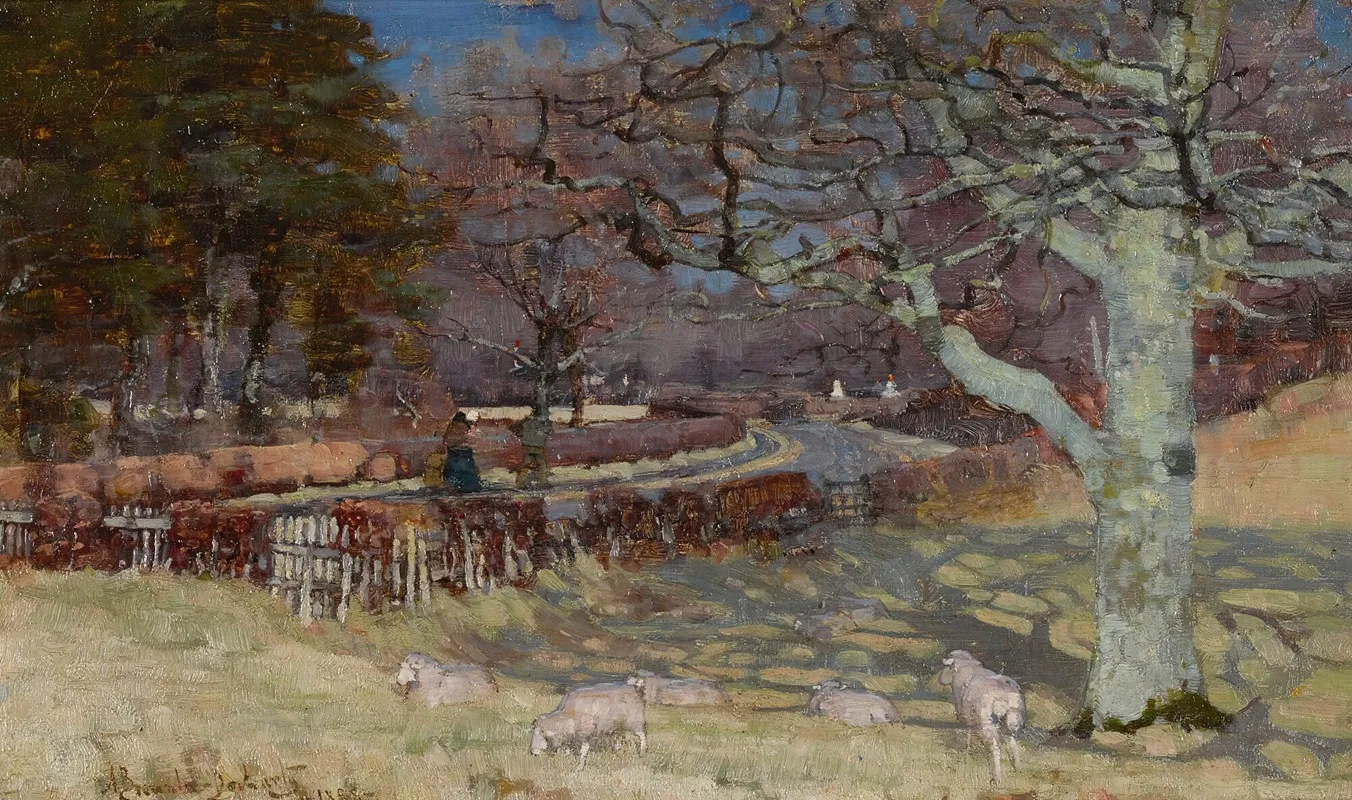 Sheep By A Sun Dappled Road Wall Art by Alexander Brownlie Docharty - High-Resolution Digital Print